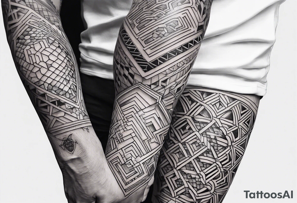 Honey comb full leg sleeve male geometric tattoo idea