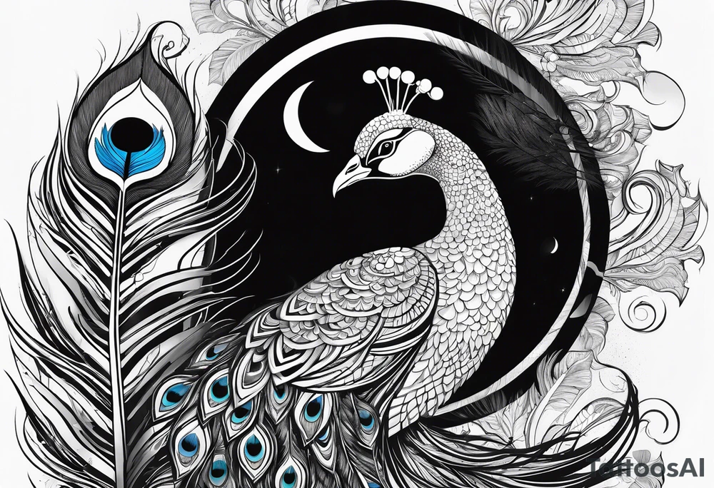 pen and moon and peacock feather tattoo idea