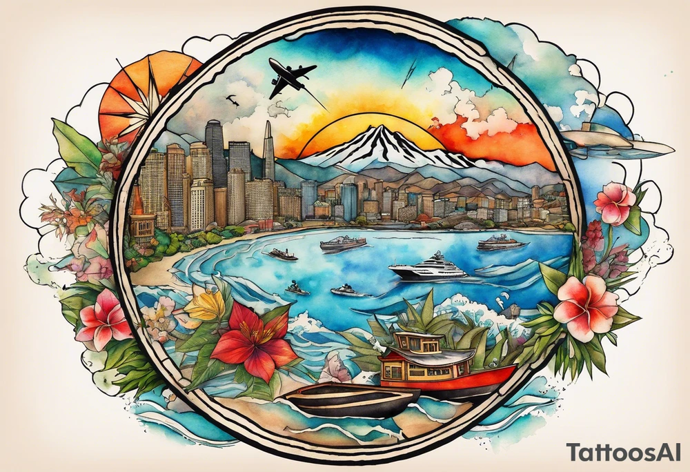 Round Travel collage with San Francisco, mountains, Kansas city skyline and, Jamaican beach all inside a compass rose spilled watercolor and tiny jet plane silhouette and a tiny ski boat in the water tattoo idea