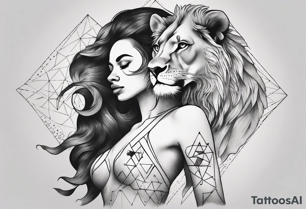 Delicate Black and white tattoo with a woman (entire body) dancing. showing that a lion (only head) is shadowing her. Use triangles and dot work tattoo idea