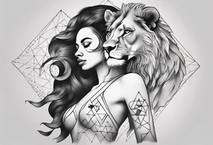 Delicate Black and white tattoo with a woman (entire body) dancing. showing that a lion (only head) is shadowing her. Use triangles and dot work tattoo idea