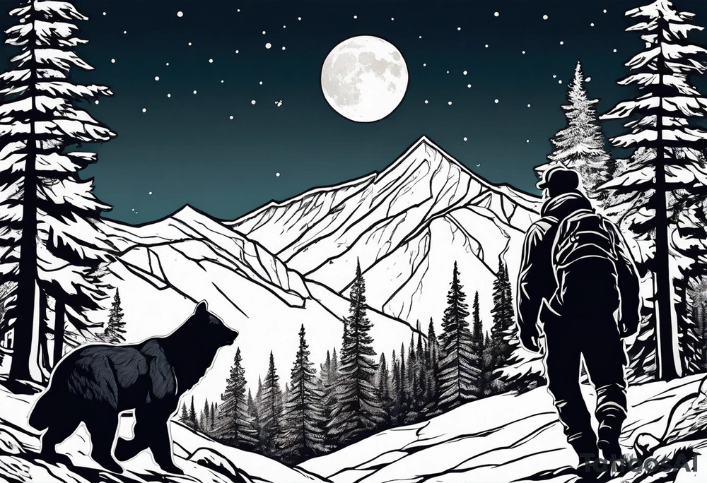 Hunter in the forest with dark mountains in the background under moonlight with bear and
 deer and a cougar tattoo idea