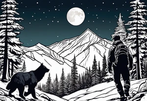 Hunter in the forest with dark mountains in the background under moonlight with bear and
 deer and a cougar tattoo idea