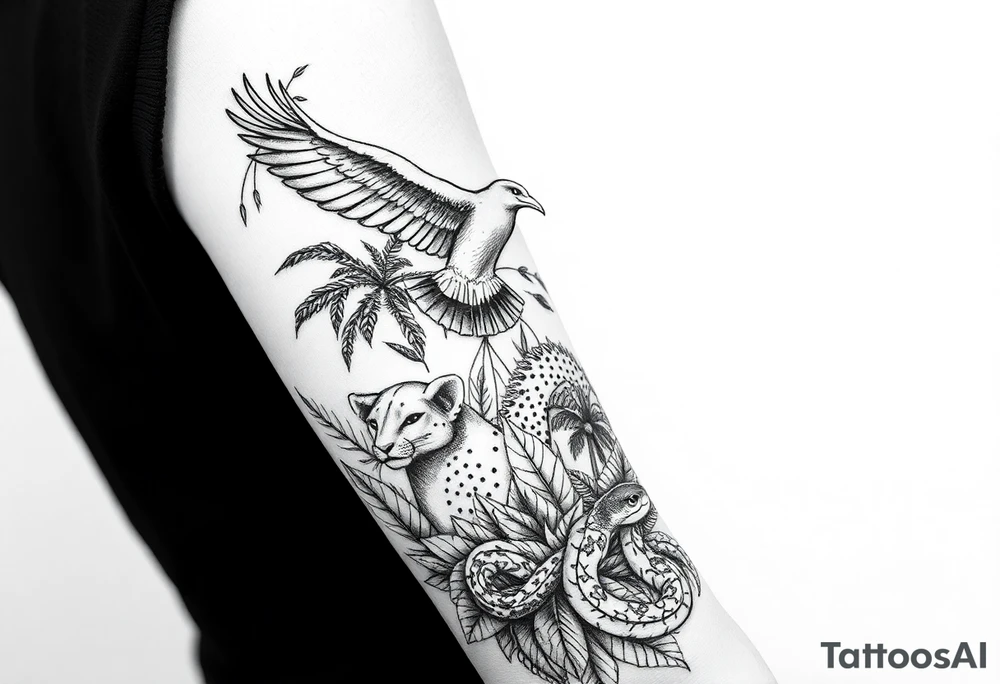 Fine line tattoo from shoulder to elbow: Andean condor flying above Amazon rainforest, amongst the tropical foliage is a puma hiding with only its face exposed, towards the floor of the rainforest is a snake, also mostly hidden behind plants but its head and parts of its body are exposed. tattoo idea
