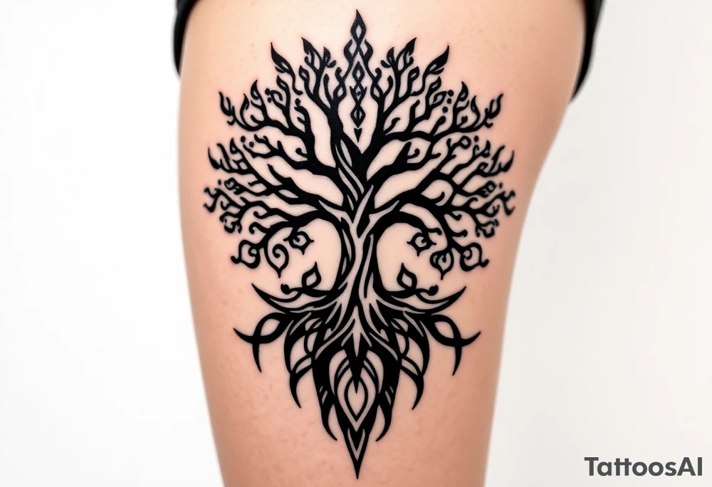mystical tree of life with cosmic roots and celestial branches tattoo idea