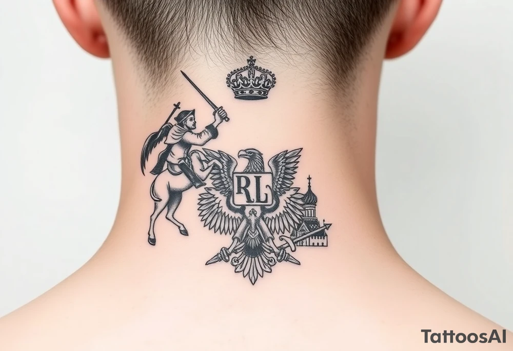 St. George slaying the dragon (hugely common in Russian Orthodox art)
Russian imperial crown above the eagle
Crossed swords or a Russian sabre
The Kremlin or St. Basil's Cathedral scene tattoo idea