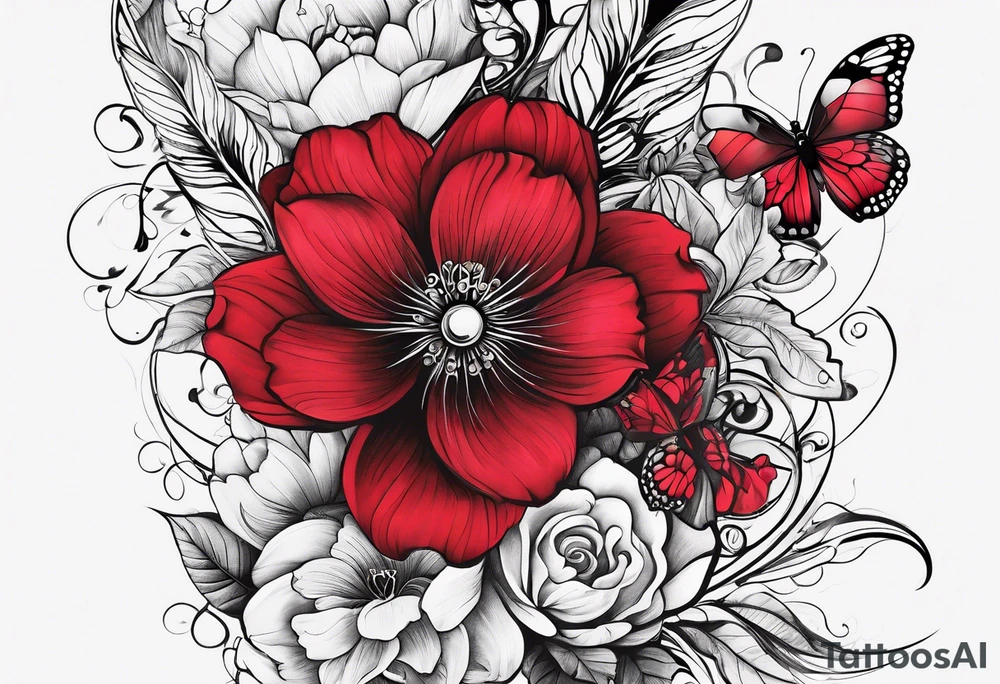 Flowers with "Ruby" in calligraphy font and butterflies around it tattoo idea