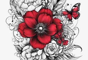Flowers with "Ruby" in calligraphy font and butterflies around it tattoo idea