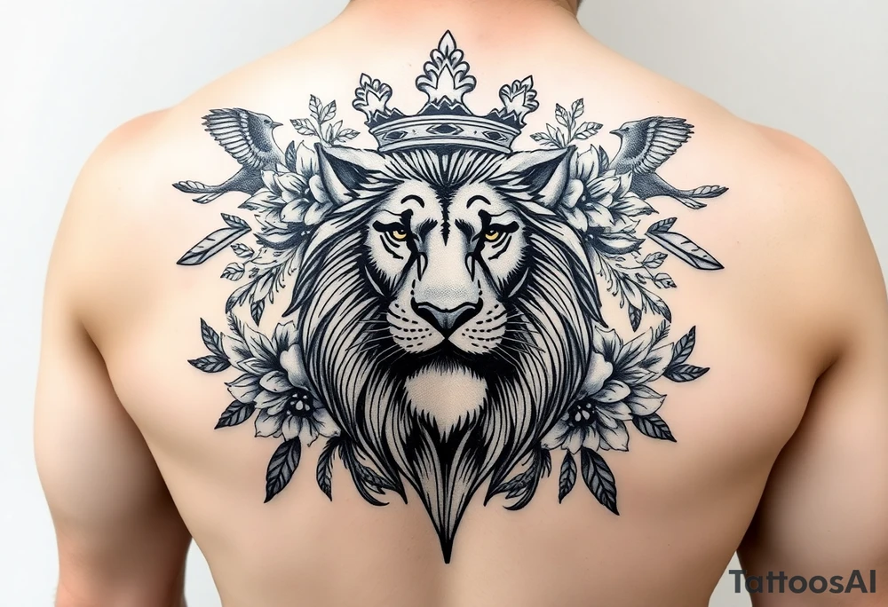 powerful majestic lion with a crown, surrounded by floral ornaments and birds tattoo idea