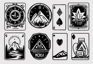 mokka coffee
Old clock at 9:44pm
Forest and mountain
Game of 4 poker cards tattoo idea