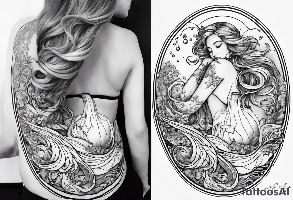 A black line ink design for a full sleeve tattoo featuring a beautiful, semi-naked woman representing the Aquarius water bearer. She has elegant, detailed angel wings and is pouring water out of a jug into a flowing stream. The stream curves around the arm, and within it, a single crab is visible, symbolizing the zodiac sign Cancer. The design should emphasize intricate line work, with a focus on the flowing water, the woman’s serene expression, and the detailed wings. The overall style should be elegant and mystical, with an emphasis on the contrast between the soft curves of the woman and the fluidity of the water, all rendered in black ink only. tattoo idea