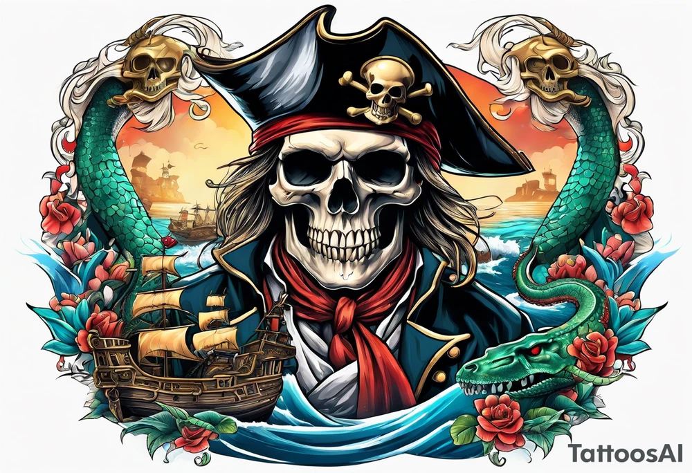 skull pirates with a sea serpent tattoo idea