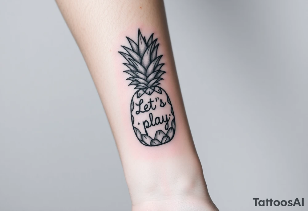 A black ink wrist tattoo featuring a realistic yet minimalistic pineapple. The pineapple is finely detailed with clean, precise lines, capturing the natural texture of the fruit while keeping the design subtle and uncluttered. Inside the body of the pineapple, the phrase "Let's play" is clearly placed in a bold but not overly thick font, ensuring readability while maintaining balance with the overall design. The leaves of the pineapple have a fine-line style with slight variations in thickness for a natural feel. The tattoo blends fine details with subtle bold elements, creating a clean and modern aesthetic. tattoo idea