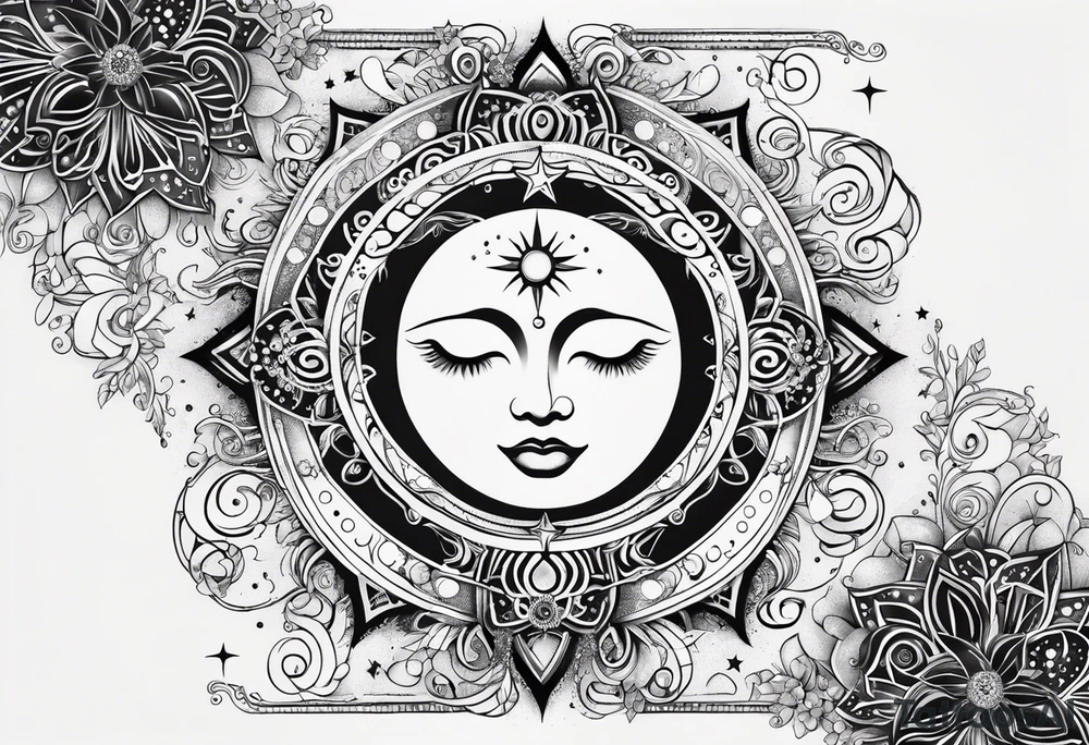Feminine Sun and moon. long rectangular sternum swirls with dots and stars tattoo idea
