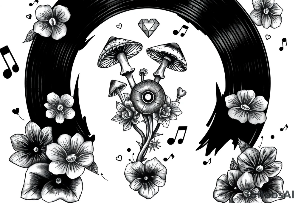 vinyl record with mushrooms, flowers, hearts, and music notes tattoo idea