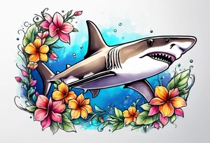 Hammerhead shark with flowers tattoo idea