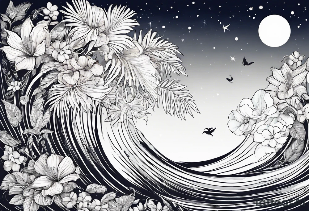 sea,, night, flower, palm, tattoo idea