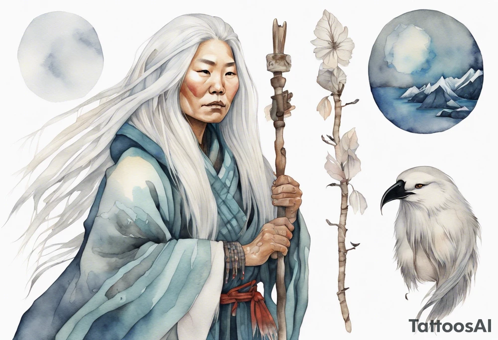a solitary Inuit woman with long white hair holding onto a silver staff tattoo idea