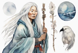 a solitary Inuit woman with long white hair holding onto a silver staff tattoo idea