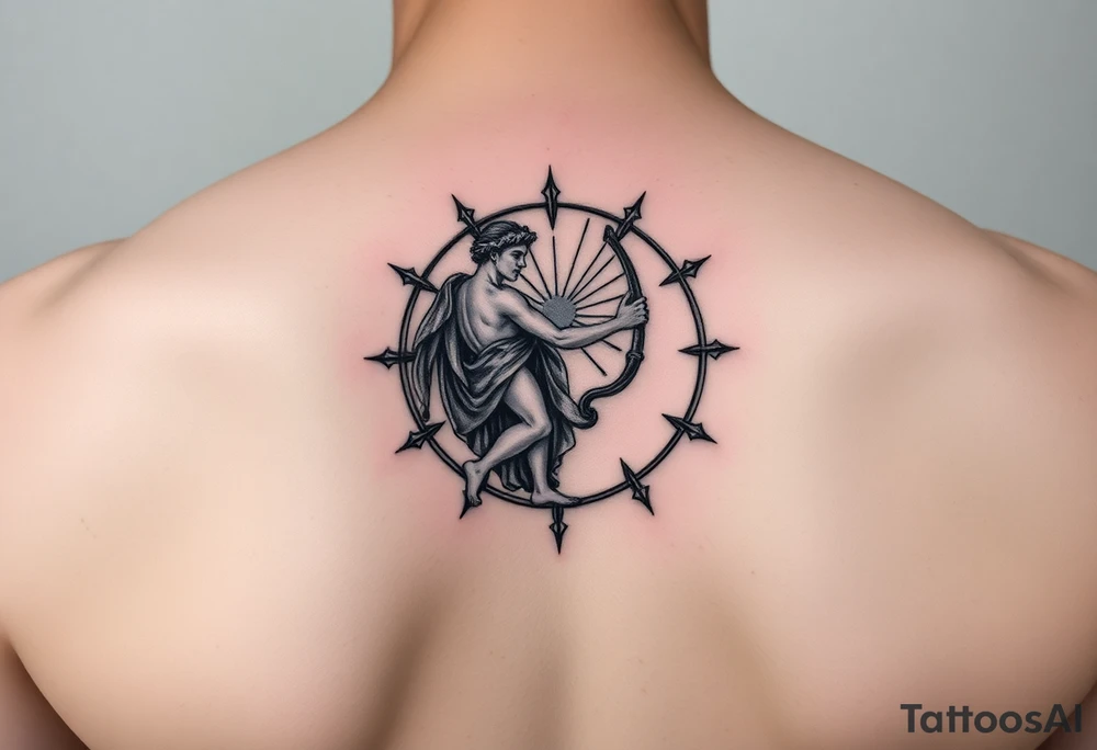 For the tattoo, you could have Apollo at the center of the constellation or circle of stars, holding his lyre (which represents harmony and creativity) or a bow (symbolizing precision and aiming toward your goals). His radiance could emanate outward, subtly merging with the stars or constellation, representing how your potential—though it might still be unfolding—is being guided and illuminated by his influence.

You could also place the one "unreached" star just slightly outside of the central circle, with Apollo’s light reaching toward it, signifying that while you may not have fully realized your potential yet, it's something that Apollo's guidance can help bring into focus. tattoo idea