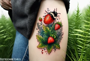 a delicate coloured realistic forest floor inspired tattoo, which must include: grass, ferns, small strawberries, a small flying bumblebee, dead leaves tattoo idea