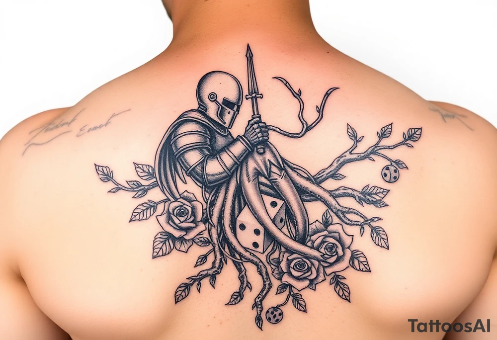 knight and squid intertwined with tree roots and roses rolling dice tattoo idea