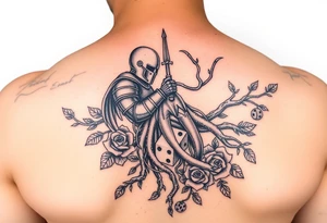 knight and squid intertwined with tree roots and roses rolling dice tattoo idea