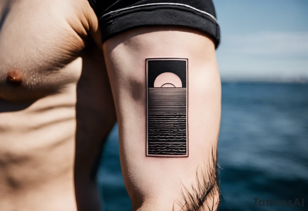 Minimalistic, small, black and white tattoo on male forearm. Tattoo style is line drawing. From the perspective of being on the ocean, the water is calm, with no waves in sight, the sun is setting behind the ocean, reflecting light onto the water. The tattoo in the shape of a rectangle, 4 inches wide by 2 inches tall. tattoo idea