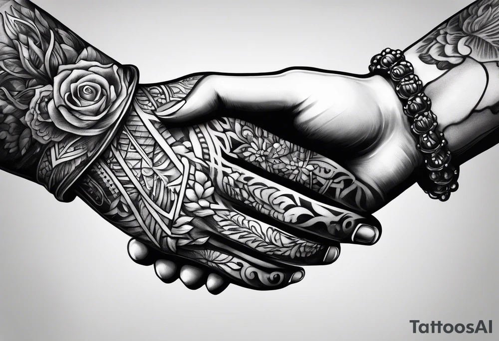 a human hand and a skeleton hand handshaking tattoo idea