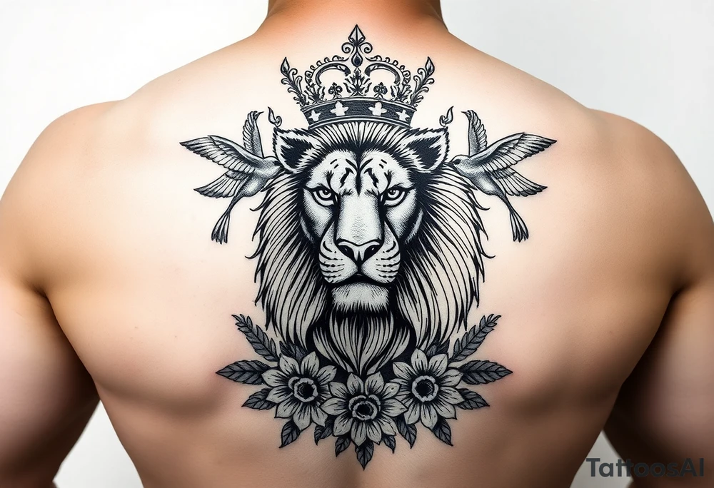 powerful majestic lion with a crown, surrounded by floral ornaments and birds tattoo idea