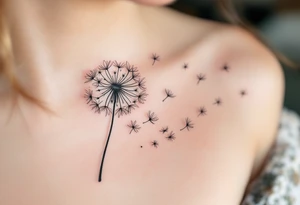 Windblown dandelion with translucent petals in pearl gray, blowing across the ribs into soft abstract shapes tattoo idea