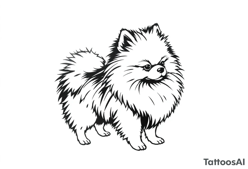 A silhouette stencil style drawing of a cute long haired Pomeranian tattoo idea