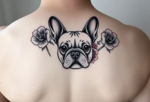 French bulldog, feminine ruby color flowers tattoo idea