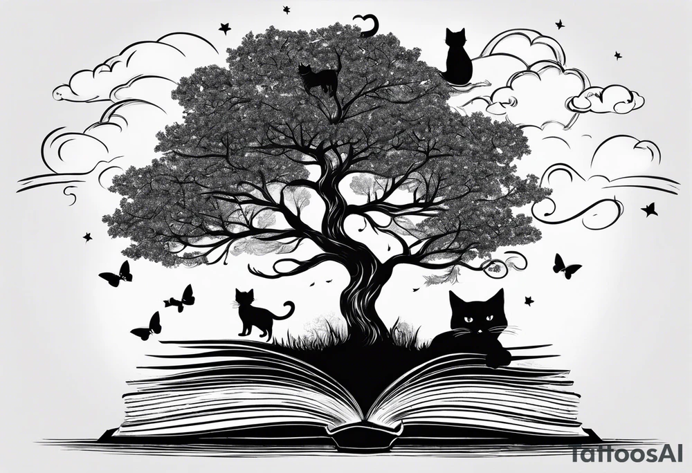 Four books stacked whimsically with the top book open with a black cat and and Tree coming out with a little start in the sky tattoo idea