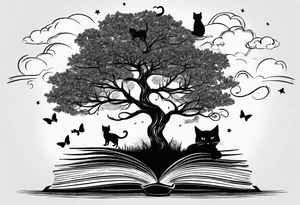 Four books stacked whimsically with the top book open with a black cat and and Tree coming out with a little start in the sky tattoo idea