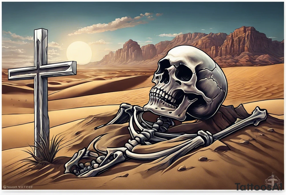 skeleton crawling towards a cross in a desert tattoo idea
