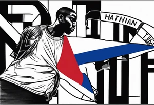 create a haitian flag theme tattoo that goes over a black mans left chest. Have it embody christian faith, salsa dancing, real estate, stoicism, and public speaking tattoo idea