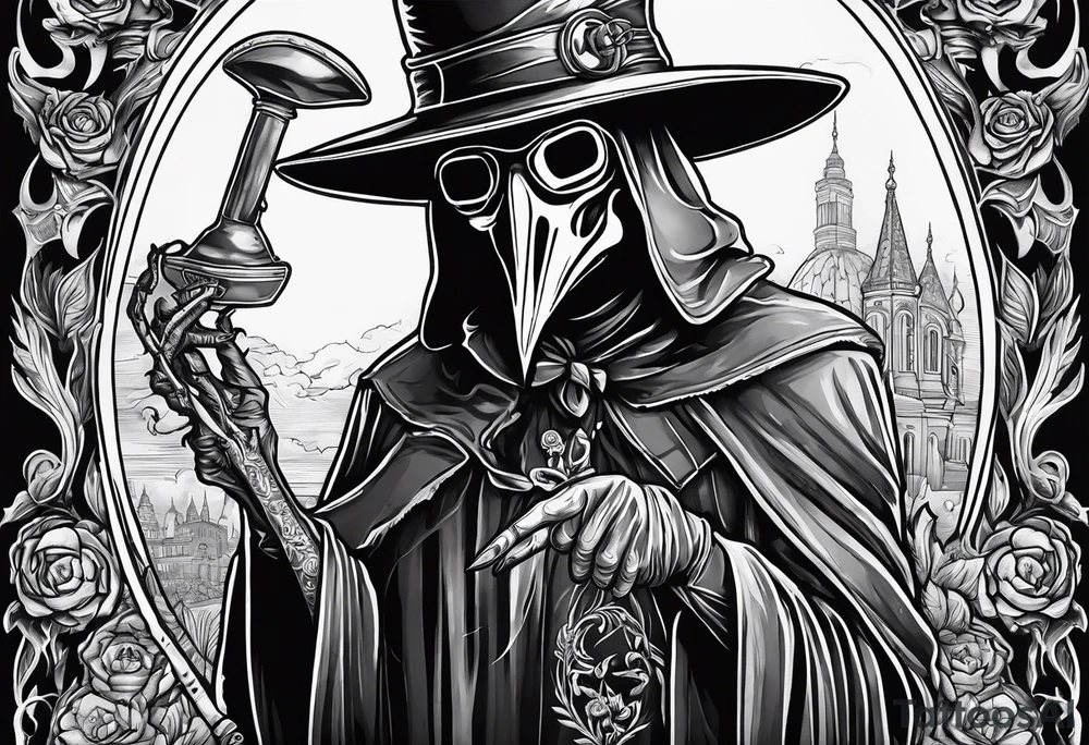 plague doctor with a skeleton hand holding medicine tattoo idea