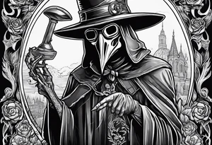 plague doctor with a skeleton hand holding medicine tattoo idea