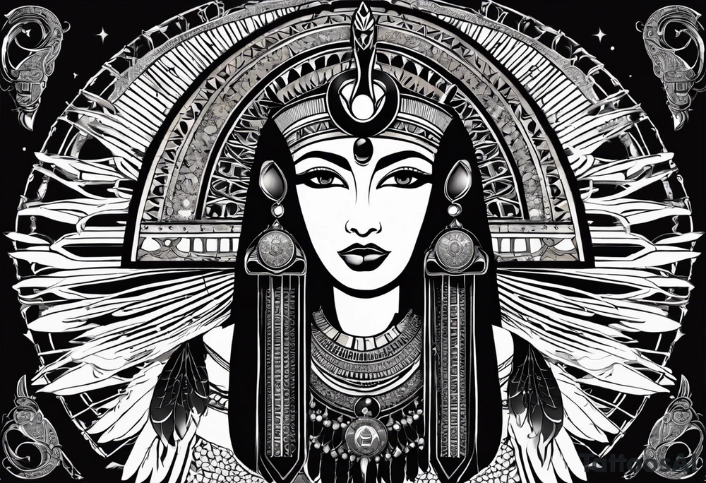 black and white Egyptian goddess Isis, who is often depicted as a woman with outstretched wings, holding an ankh (a symbol of life) in one hand and a lotus flower in the other. Her headdress often includes a throne or a solar disk. The tattoo design can vary in style and size, but it typically aims to capture the essence of this revered Egyptian deity, emphasizing her beauty, power, and maternal qualities. The choice of colors and additional elements can also be customized to create a unique and visually striking representation of the goddess Isis tattoo idea