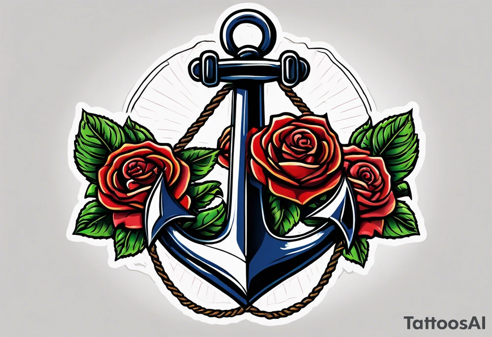 old school anchor sitting at an angle 
with rope wrapped around anchor and banner across anchor and old school roses tattoo idea