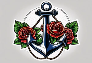 old school anchor sitting at an angle 
with rope wrapped around anchor and banner across anchor and old school roses tattoo idea