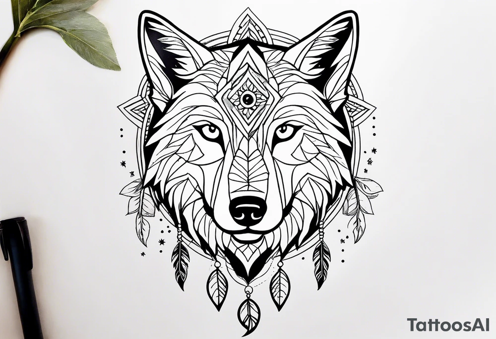 A whimsical wolf tattoo featuring mandala or dream catcher elements, with the wolf as the central focus, surrounded by mountains in the background. Include flowers and nature elements to fill the space around the wolf. tattoo idea
