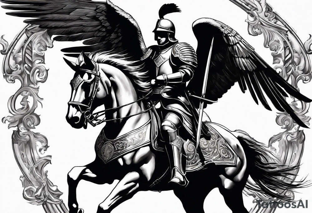 **Main Theme**: A Hussar on horseback in full armor, dynamically portrayed in the middle of a charge. The Hussar's wings are clearly visible, adding dynamics to the composition.
   - Archangel Michael positioned in the background, with a raised sword ready for battle, armed with a shield.
   - The Hussar is holding a banner showcasing the White Eagle.
   - Elements of the Arch tattoo idea