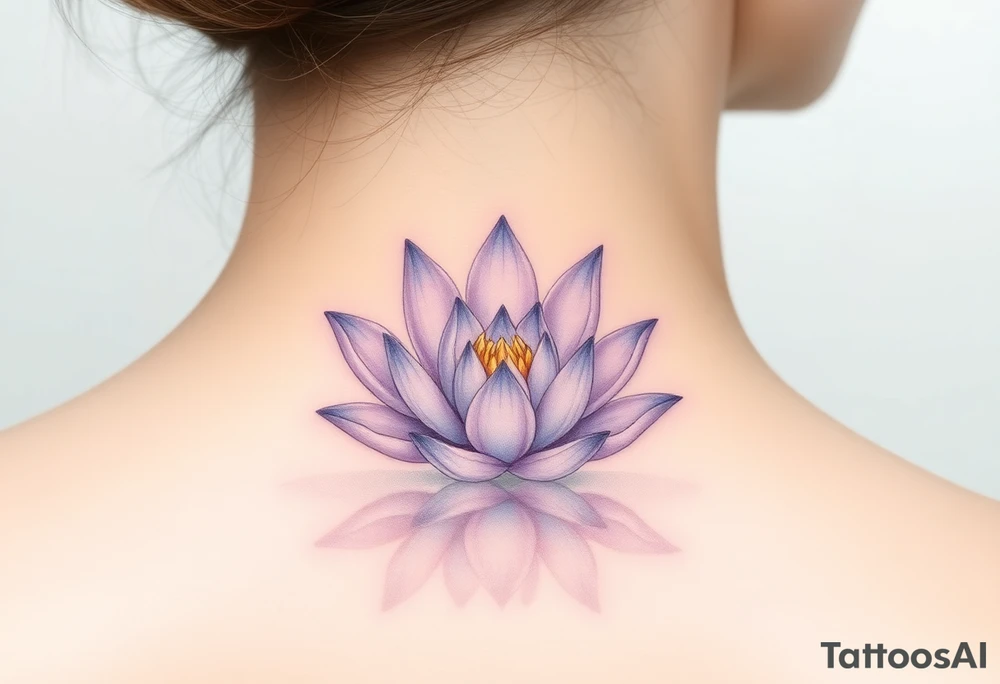 A delicate water lily with lavender-colored petals, surrounded by ethereal gold accents and floating gracefully in a misty, light-gray water, representing spiritual connection tattoo idea