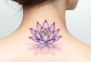 A delicate water lily with lavender-colored petals, surrounded by ethereal gold accents and floating gracefully in a misty, light-gray water, representing spiritual connection tattoo idea