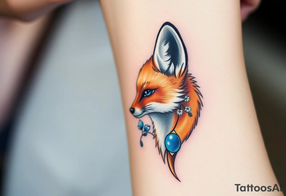 adult fox with blue jewelry smelling wild flowers tattoo idea