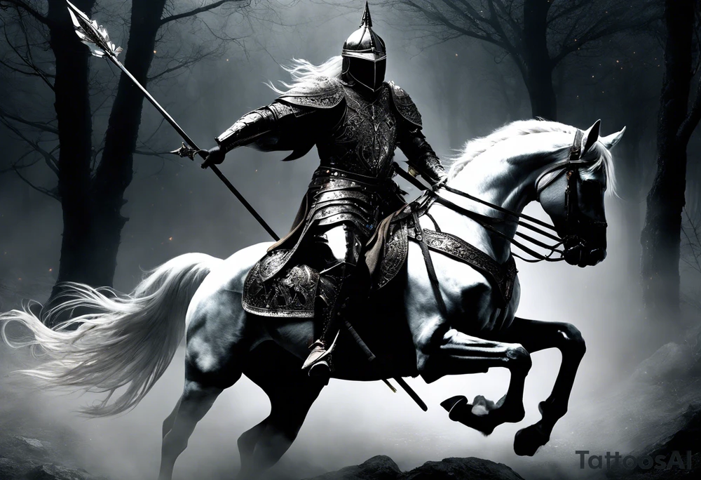 Dark art of the first horseman of the apocalypse. Wearing iron armor with a crown-shaped helmet, carrying a bow and arrows in one hand, he rides a white horse that is strong and slender, wearing shiny ornaments on his face. It is not possible to see the face of the horseman, who is obscured by the darkness and fog of the image. It is important that the horseman is facing the image and that the image shows the entire body of both the horse and the rider. tattoo idea