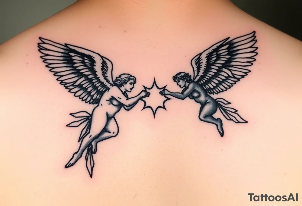 white angel and black angel flying at each other, fighting over a halo tattoo idea