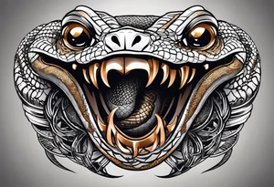 black and white drawing of a snake head with copper eyes an open mouth with mountain bike tire tread for body tattoo idea